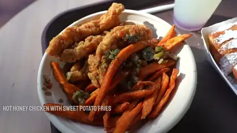 Hot honey chicken tenders with sweet potato fries at Golden Oak Outpost
